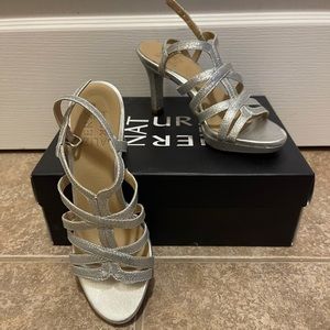 Naturalizer size 5.5 silver strappy heels.